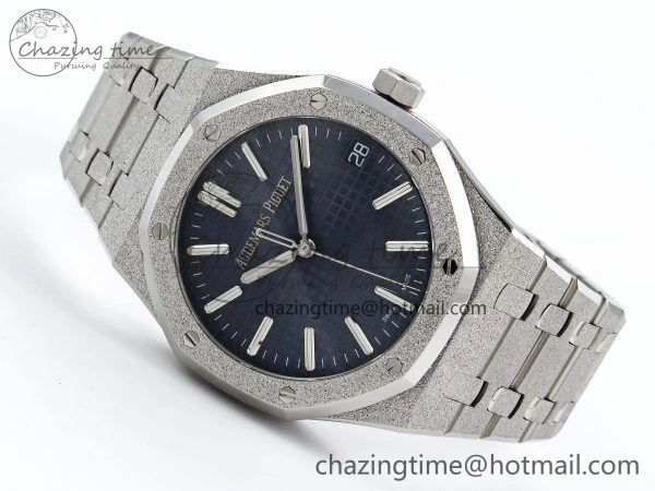 WaterResistant Royal Oak 41mm 15500 Frosted SS APSF 1:1 Best Edition Blue Textured Dial on SS Bracelet SA4302 Super Clone 4420