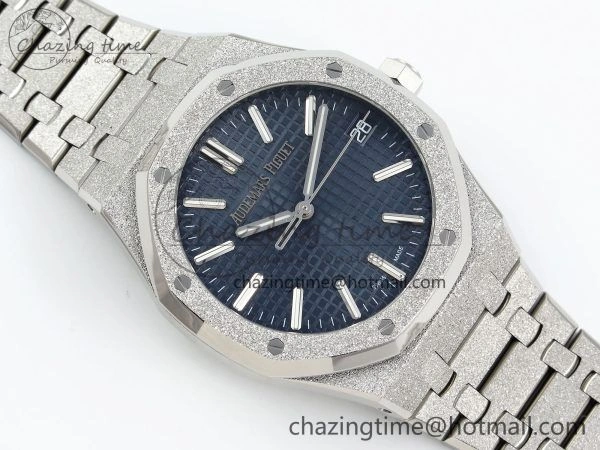 WaterResistant Royal Oak 41mm 15500 Frosted SS APSF 1:1 Best Edition Blue Textured Dial on SS Bracelet SA4302 Super Clone 4420