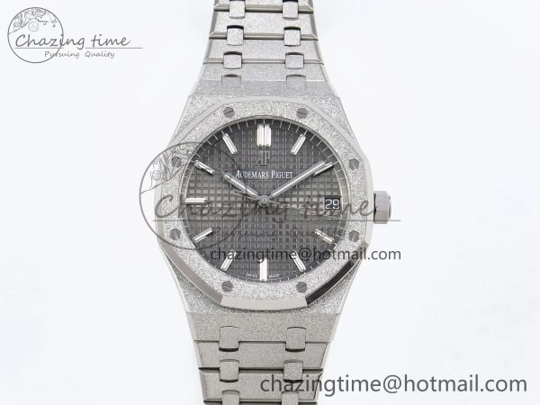 FlexibleFit Royal Oak 41mm 15500 Frosted SS APSF 1:1 Best Edition Gray Textured Dial on SS Bracelet SA4302 Super Clone 4434