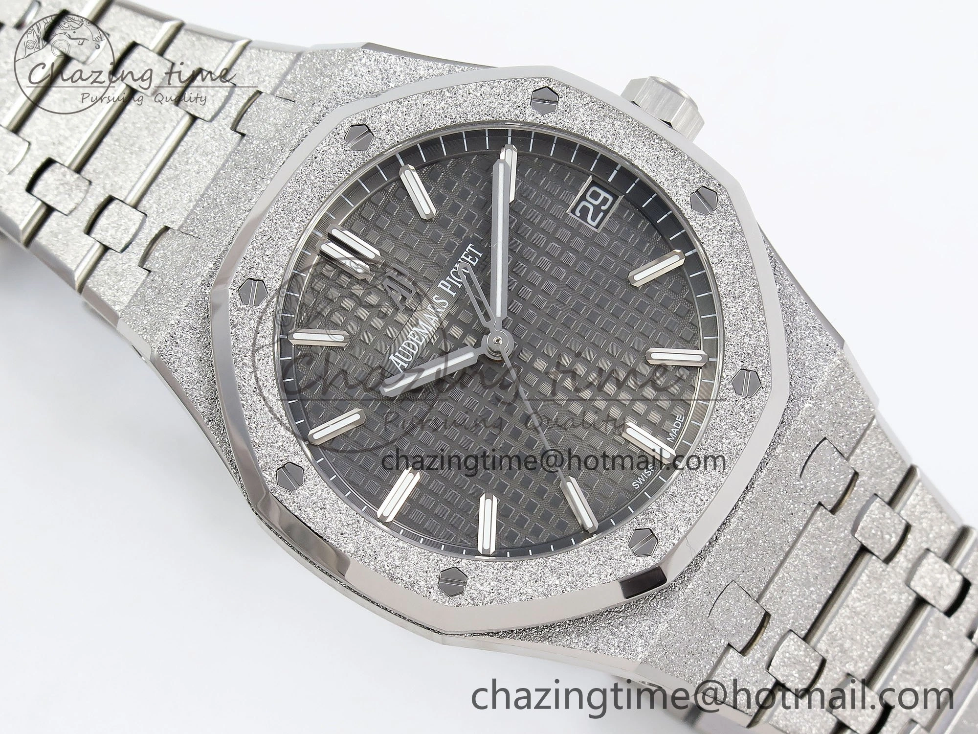 FlexibleFit Royal Oak 41mm 15500 Frosted SS APSF 1:1 Best Edition Gray Textured Dial on SS Bracelet SA4302 Super Clone 4434