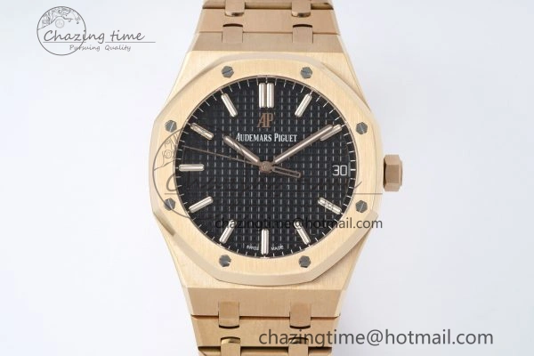 FlexibleFit Royal Oak 41mm 15500 RG APSF 1:1 Best Edition Black Textured Dial on RG Bracelet A4302 Super Clone 4740