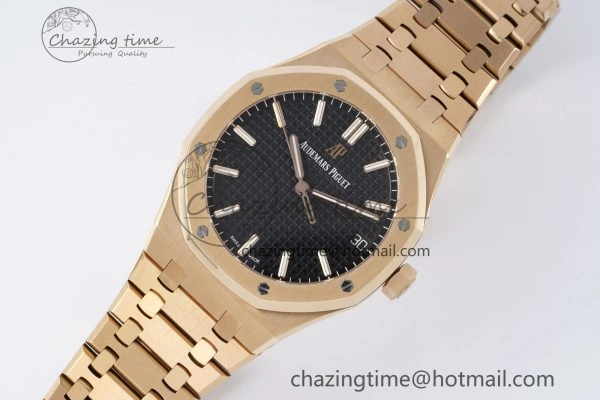 FlexibleFit Royal Oak 41mm 15500 RG APSF 1:1 Best Edition Black Textured Dial on RG Bracelet A4302 Super Clone 4740