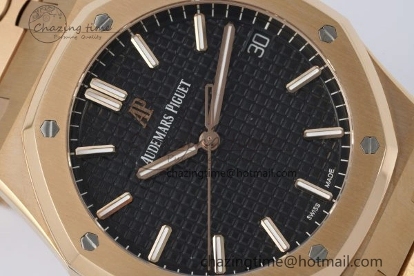 FlexibleFit Royal Oak 41mm 15500 RG APSF 1:1 Best Edition Black Textured Dial on RG Bracelet A4302 Super Clone 4740