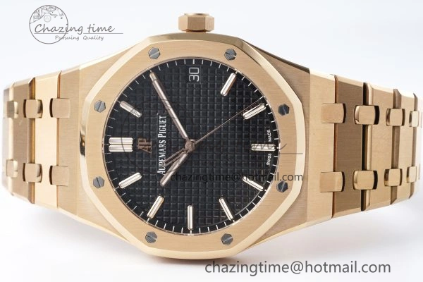 FlexibleFit Royal Oak 41mm 15500 RG APSF 1:1 Best Edition Black Textured Dial on RG Bracelet A4302 Super Clone 4740