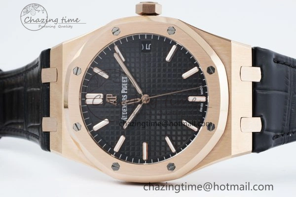 WaterResistant Royal Oak 41mm 15500 RG IPF 1:1 Best Edition Black Textured Dial on Black Leather Strap SA4302 Super Clone 4692