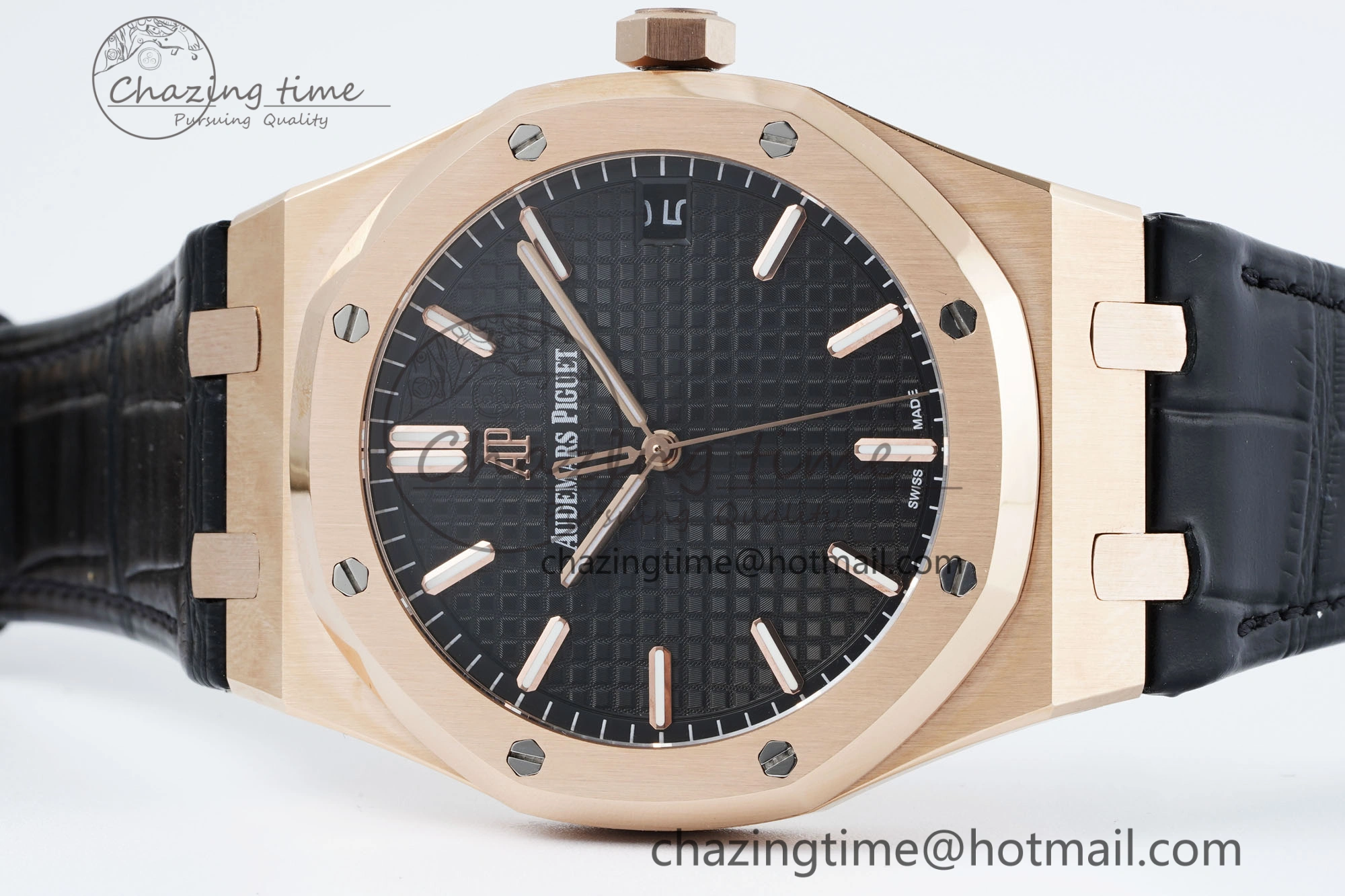 WaterResistant Royal Oak 41mm 15500 RG IPF 1:1 Best Edition Black Textured Dial on Black Leather Strap SA4302 Super Clone 4692