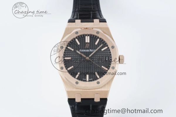 WaterResistant Royal Oak 41mm 15500 RG IPF 1:1 Best Edition Black Textured Dial on Black Leather Strap SA4302 Super Clone 4692