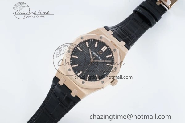 WaterResistant Royal Oak 41mm 15500 RG IPF 1:1 Best Edition Black Textured Dial on Black Leather Strap SA4302 Super Clone 4692