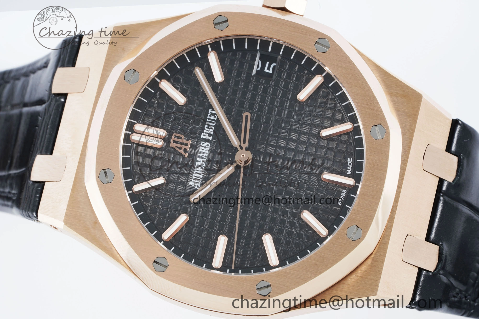 WaterResistant Royal Oak 41mm 15500 RG IPF 1:1 Best Edition Black Textured Dial on Black Leather Strap SA4302 Super Clone 4692