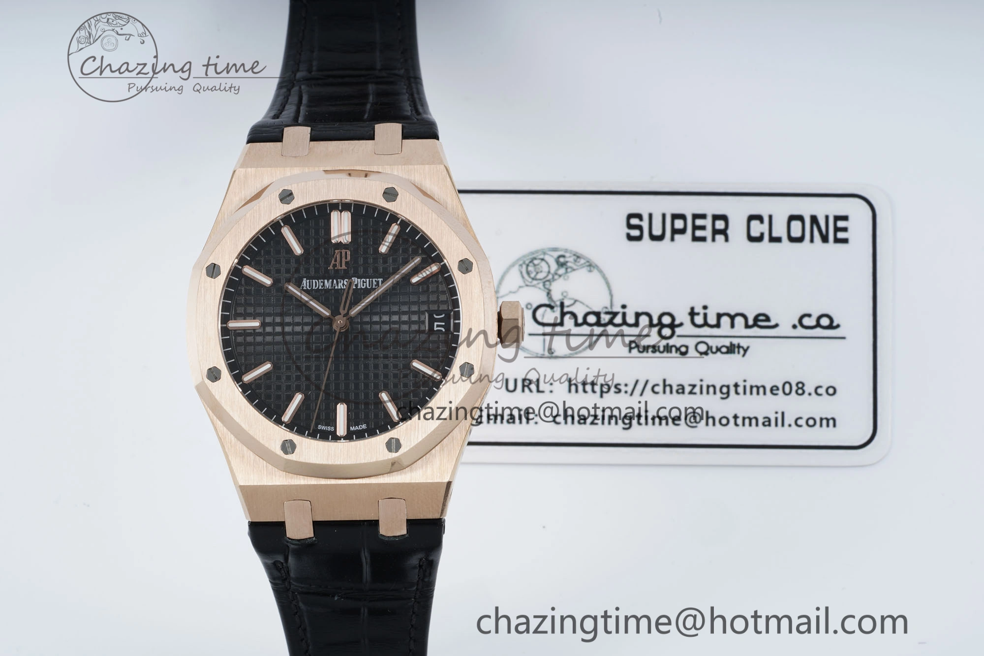 WaterResistant Royal Oak 41mm 15500 RG IPF 1:1 Best Edition Black Textured Dial on Black Leather Strap SA4302 Super Clone 4692