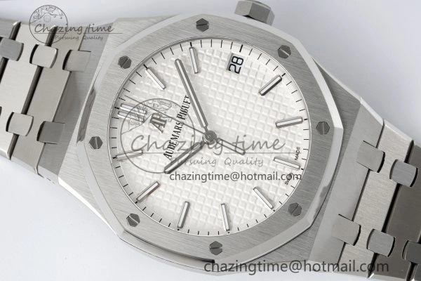 Breathable Royal Oak 41mm 15500 SS APSF 1:1 Best Edition White Textured Dial on SS Bracelet A4302 Super Clone 4735