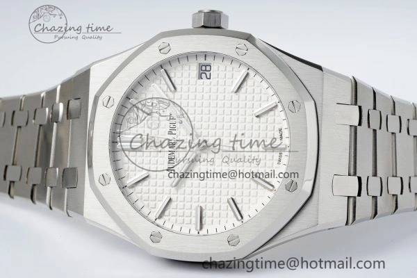 Breathable Royal Oak 41mm 15500 SS APSF 1:1 Best Edition White Textured Dial on SS Bracelet A4302 Super Clone 4735