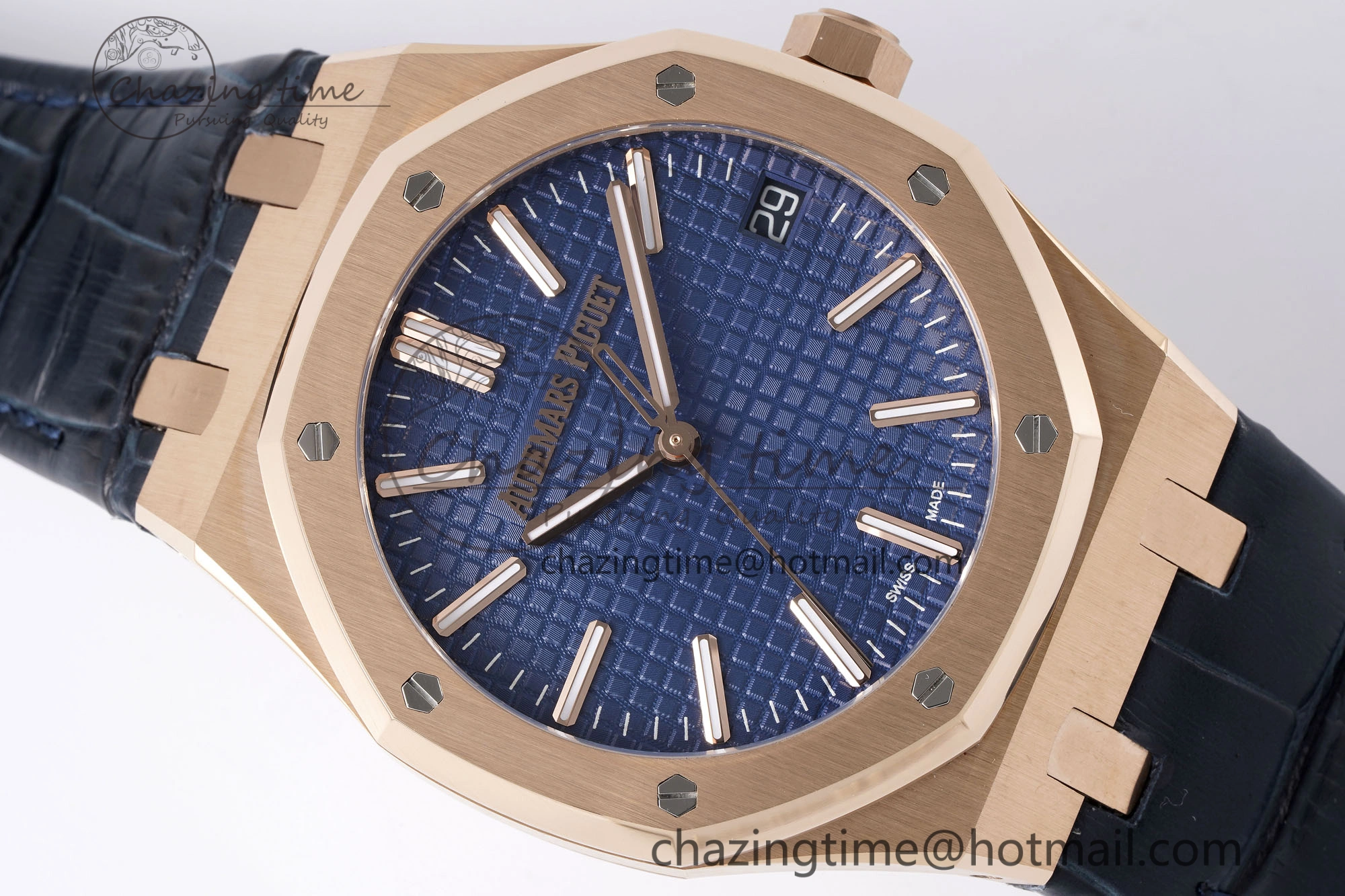 Royal Oak 41mm 15510 “50th Anniversary” RG APSF 1:1 Best Edition Black Dial on Blue Leather Strap SA4302 Super Clone Compact 4592