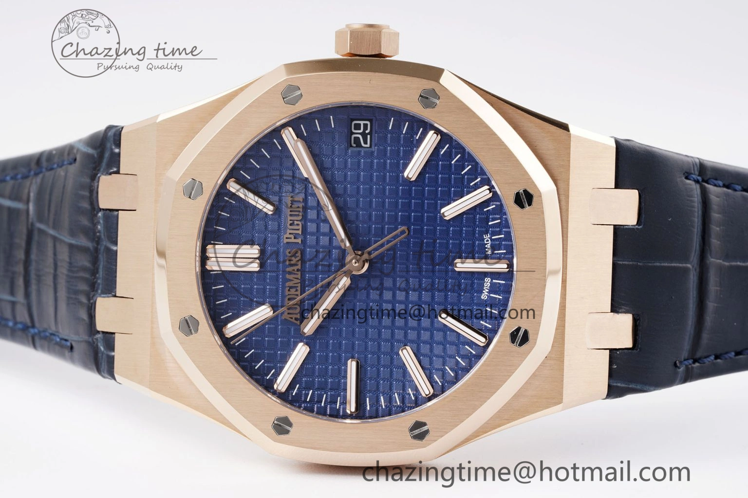 Royal Oak 41mm 15510 “50th Anniversary” RG APSF 1:1 Best Edition Black Dial on Blue Leather Strap SA4302 Super Clone Compact 4592