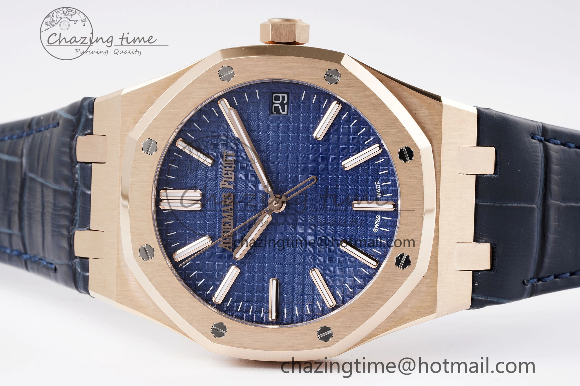 Royal Oak 41mm 15510 “50th Anniversary” RG APSF 1:1 Best Edition Black Dial on Blue Leather Strap SA4302 Super Clone Compact 4592