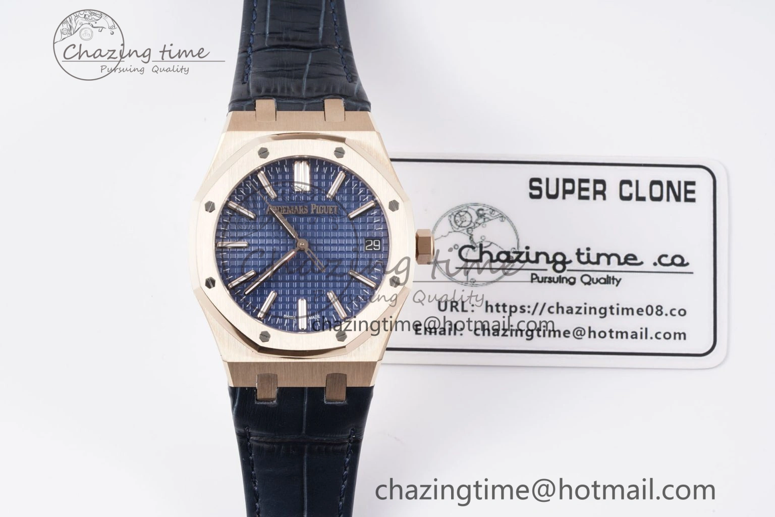 Royal Oak 41mm 15510 “50th Anniversary” RG APSF 1:1 Best Edition Black Dial on Blue Leather Strap SA4302 Super Clone Compact 4592
