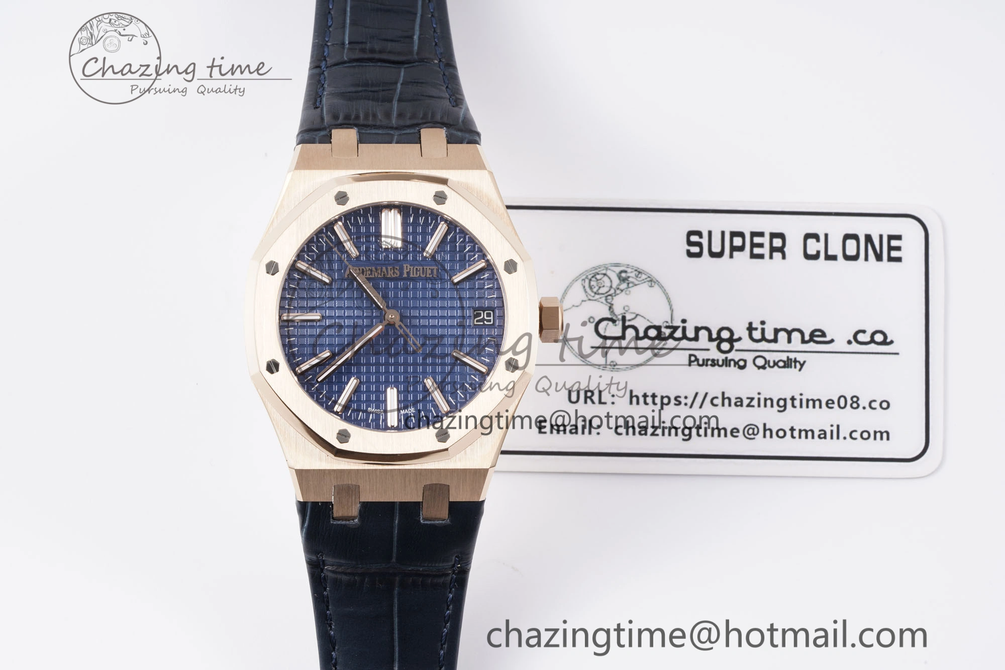Royal Oak 41mm 15510 “50th Anniversary” RG APSF 1:1 Best Edition Black Dial on Blue Leather Strap SA4302 Super Clone Compact 4592