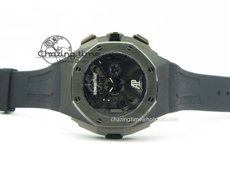 Royal Oak Concept Chrono PVD Black Skeleton Dial On Black Rubber Strap Jap Quartz Sporty 5067