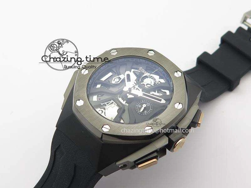 Royal Oak Concept Chrono PVD Black Skeleton Dial On Black Rubber Strap Jap Quartz Sporty 5067