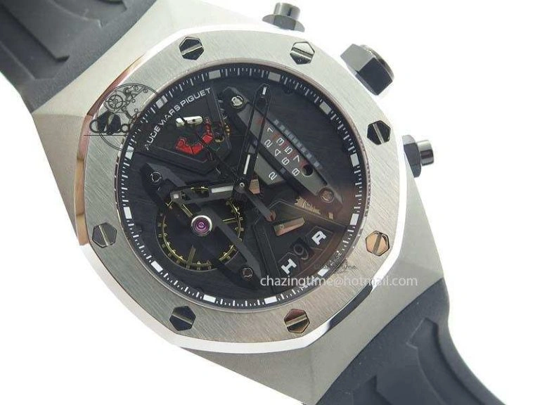 OdorResistant Royal Oak Concept SS Black Dial Black Pushers On Black Rubber Strap Jap Quartz 5049