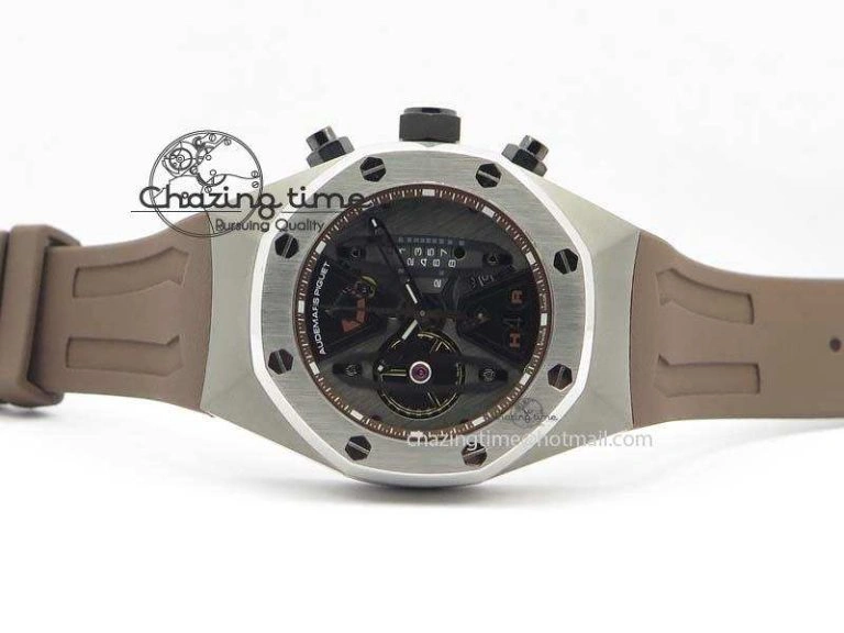 Bright Royal Oak Concept SS Black Silver Dial Brown Inner Bezel On Rubber Strap Jap Quartz 5051