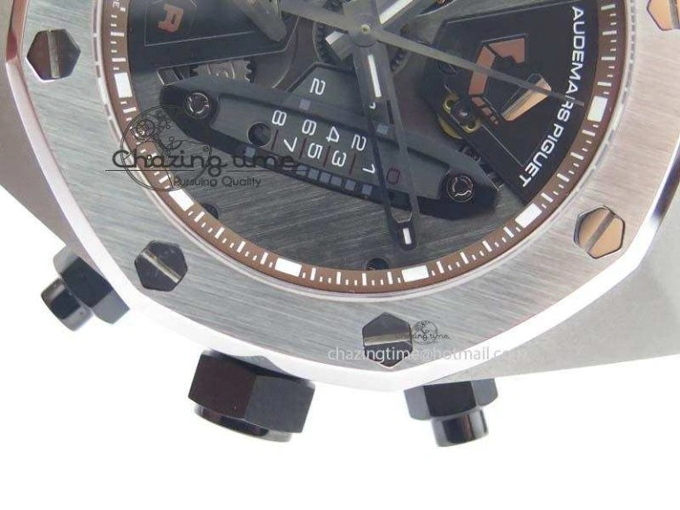 Bright Royal Oak Concept SS Black Silver Dial Brown Inner Bezel On Rubber Strap Jap Quartz 5051