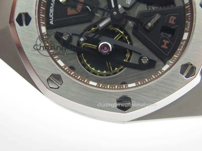 Bright Royal Oak Concept SS Black Silver Dial Brown Inner Bezel On Rubber Strap Jap Quartz 5051