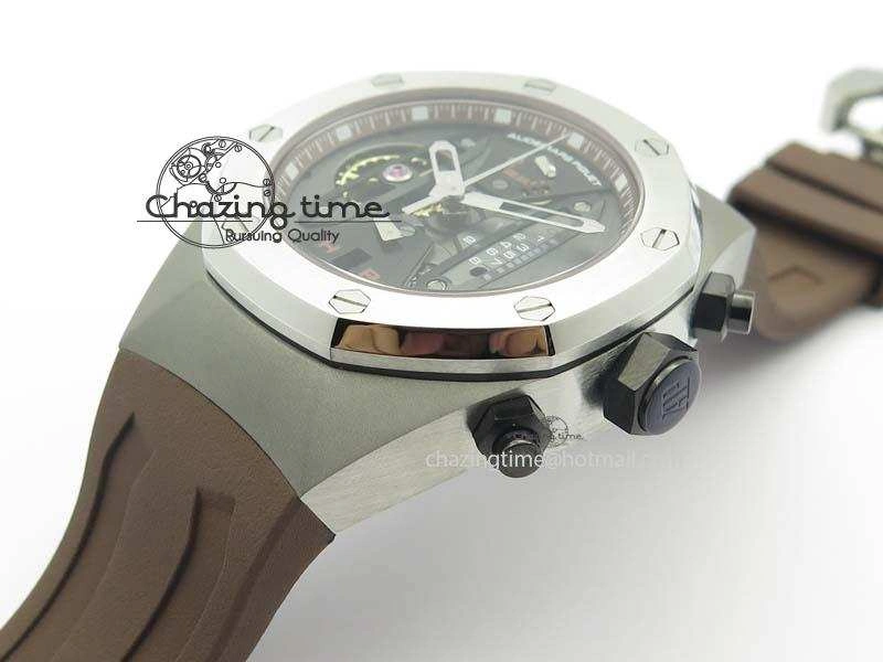 Bright Royal Oak Concept SS Black Silver Dial Brown Inner Bezel On Rubber Strap Jap Quartz 5051