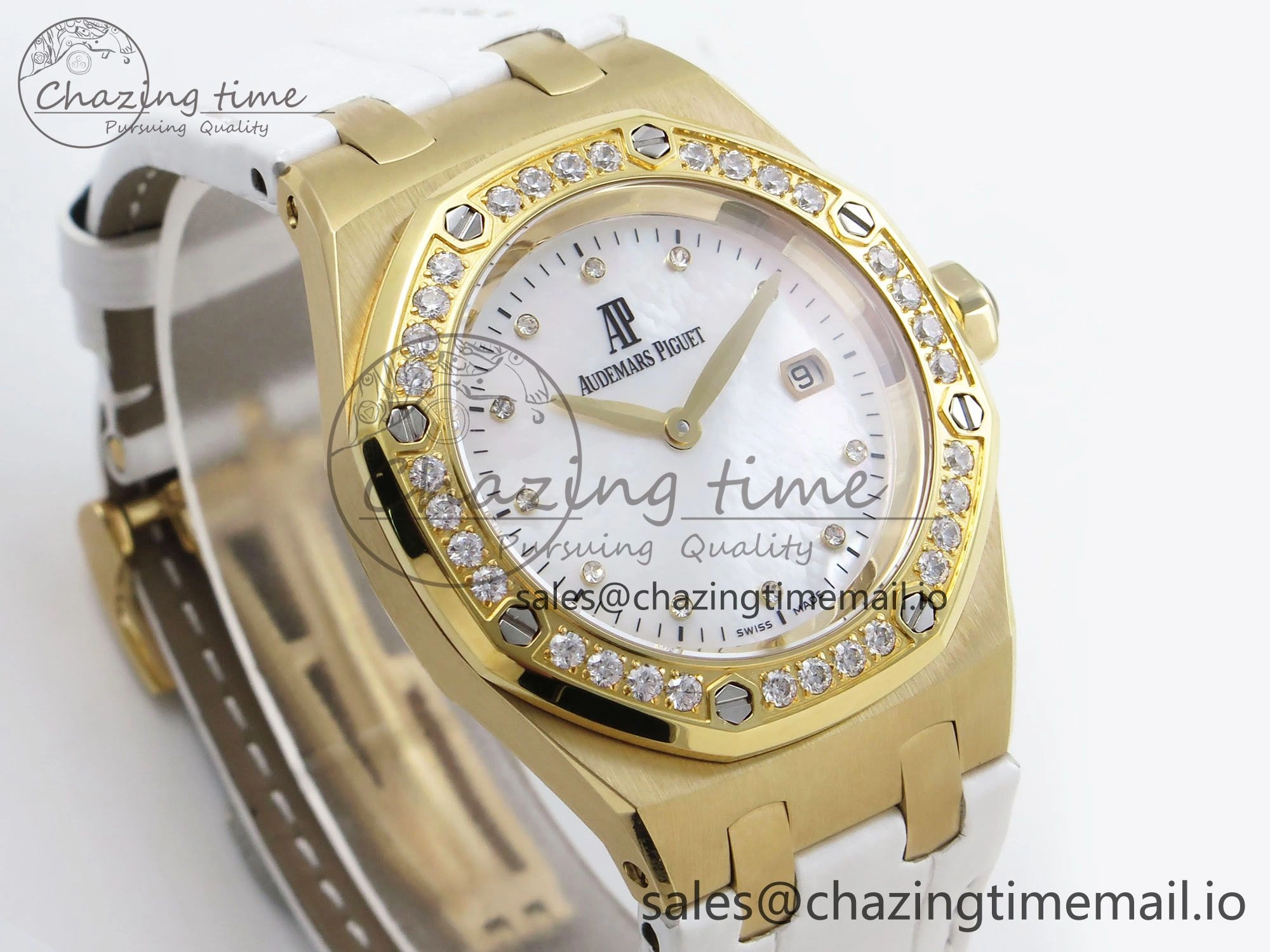 Royal Oak Ladies 33mm YG DRF Best Edition MOP Dial Diamonds Bezel on White Rubber Strap ETA Quartz OdorResistant 4392