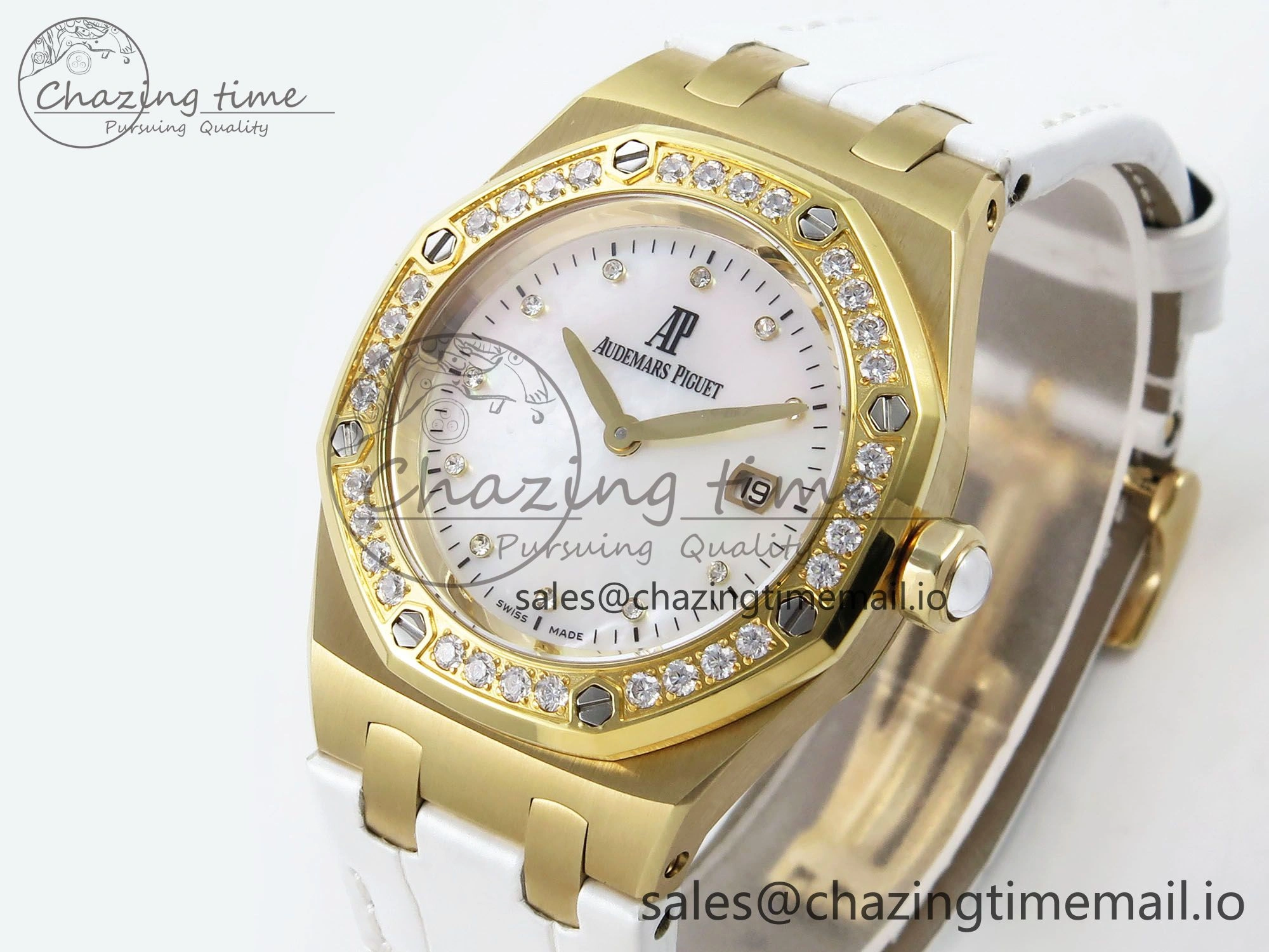 Royal Oak Ladies 33mm YG DRF Best Edition MOP Dial Diamonds Bezel on White Rubber Strap ETA Quartz OdorResistant 4392