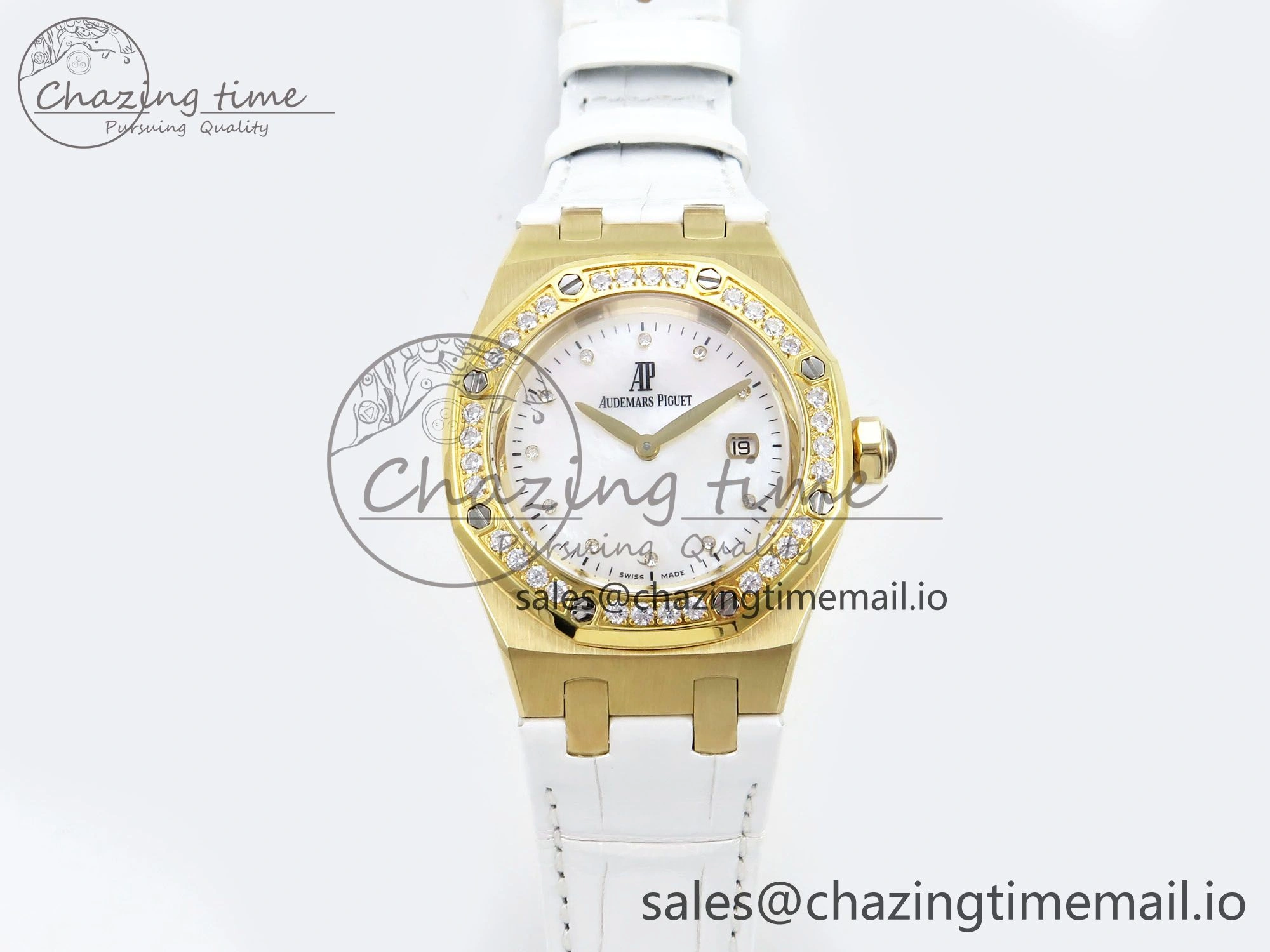 Royal Oak Ladies 33mm YG DRF Best Edition MOP Dial Diamonds Bezel on White Rubber Strap ETA Quartz OdorResistant 4392