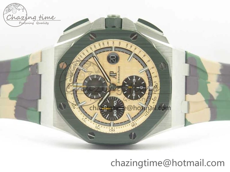 Affordable Royal Oak Offshore 2018 SIHH Combat 44mm JF 1:1 Best Edition Green Ceramic Bezel on Camo Rubber Strap A3126 w  Cyclops 4934