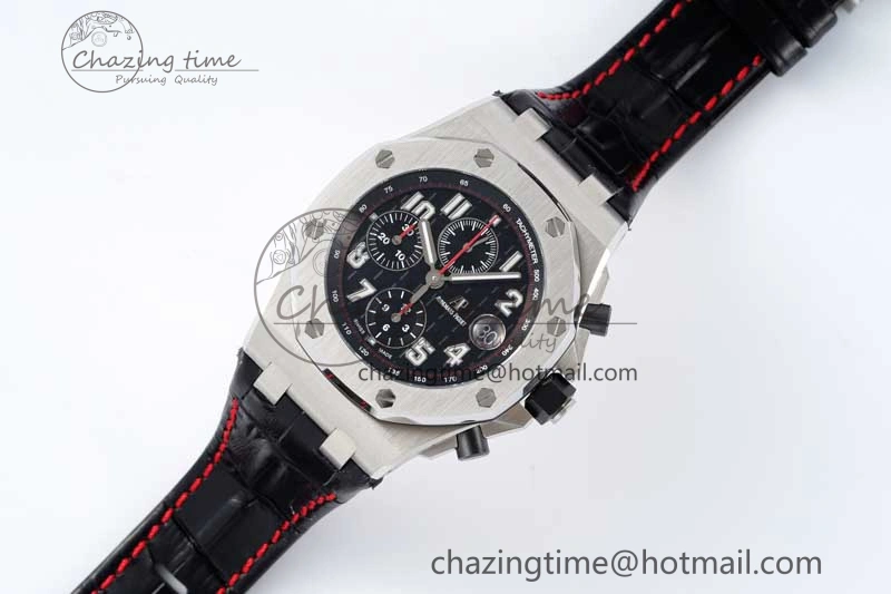 Unique Royal Oak Offshore 42mm SS APF 1:1 Best Edition Black Dial on Black Leather Strap A 4714