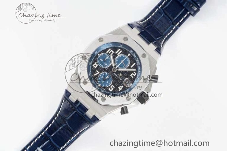 Effortless Royal Oak Offshore 42mm SS APF 1:1 Best Edition Black Blue Dial on Blue Leather Strap A 4621