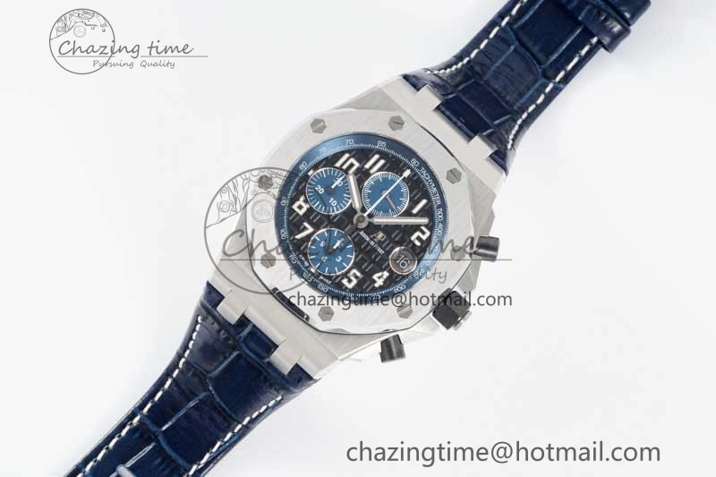 Effortless Royal Oak Offshore 42mm SS APF 1:1 Best Edition Black Blue Dial on Blue Leather Strap A 4621