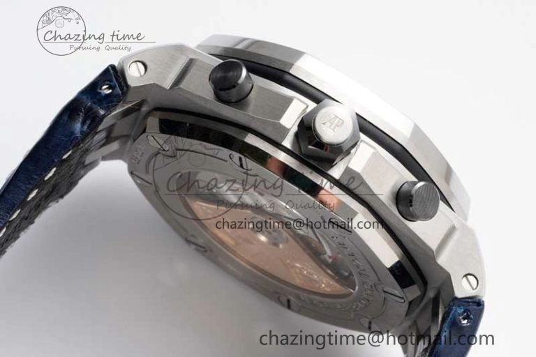 Effortless Royal Oak Offshore 42mm SS APF 1:1 Best Edition Black Blue Dial on Blue Leather Strap A 4621