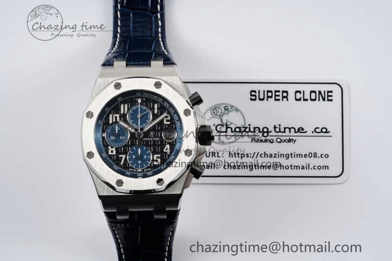 Effortless Royal Oak Offshore 42mm SS APF 1:1 Best Edition Black Blue Dial on Blue Leather Strap A 4621
