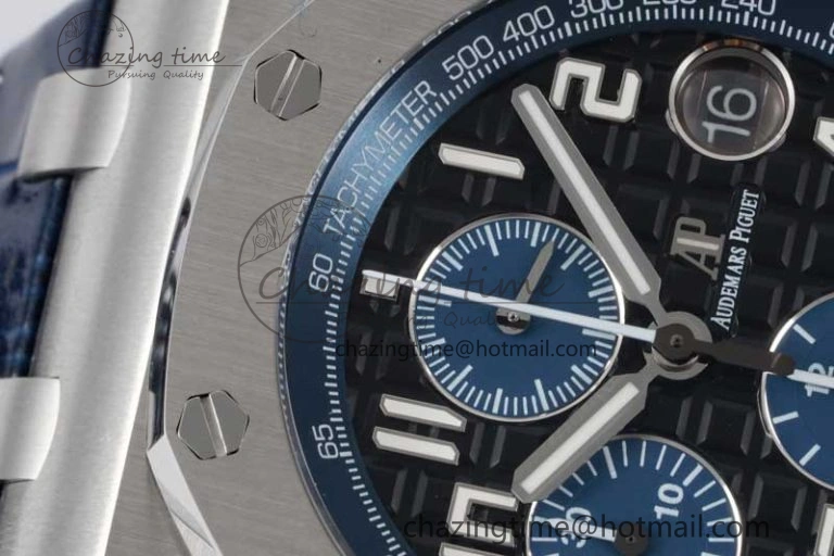 Effortless Royal Oak Offshore 42mm SS APF 1:1 Best Edition Black Blue Dial on Blue Leather Strap A 4621