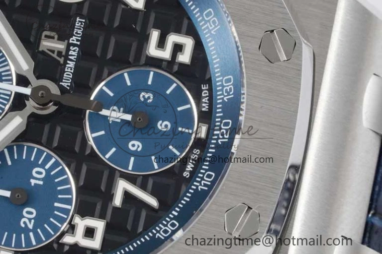 Effortless Royal Oak Offshore 42mm SS APF 1:1 Best Edition Black Blue Dial on Blue Leather Strap A 4621