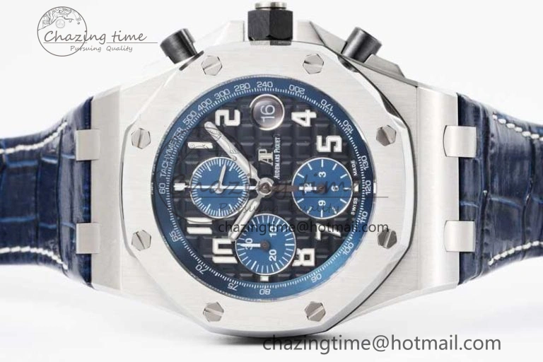 Effortless Royal Oak Offshore 42mm SS APF 1:1 Best Edition Black Blue Dial on Blue Leather Strap A 4621