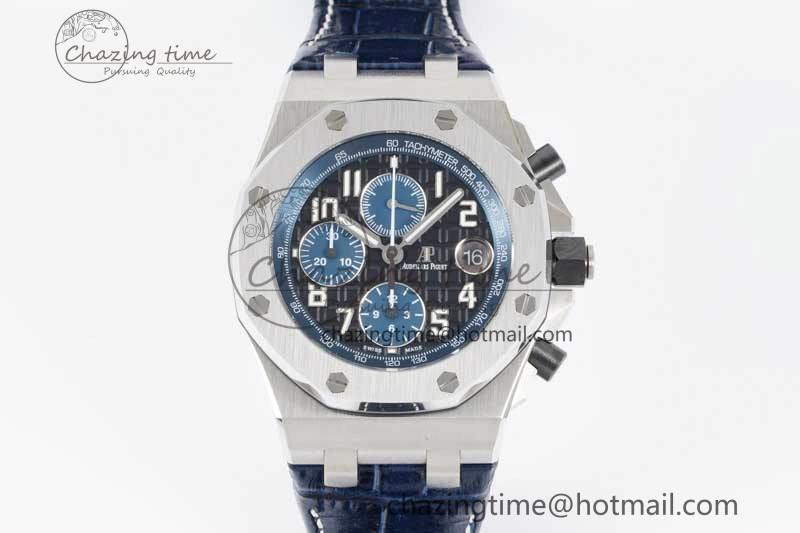 Effortless Royal Oak Offshore 42mm SS APF 1:1 Best Edition Black Blue Dial on Blue Leather Strap A 4621
