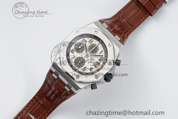 TravelReady Royal Oak Offshore 42mm SS APF 1:1 Best Edition Cream Dial on Brown Leather Strap A 4669