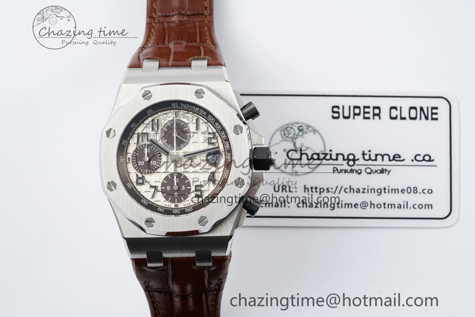 TravelReady Royal Oak Offshore 42mm SS APF 1:1 Best Edition Cream Dial on Brown Leather Strap A 4669
