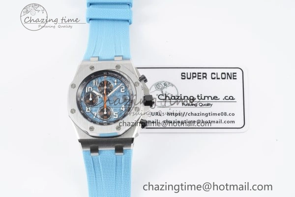 Stylish Royal Oak Offshore 42mm SS APF 1:1 Best Edition Light Blue Dial on Light Blue Rubber Strap A 4625