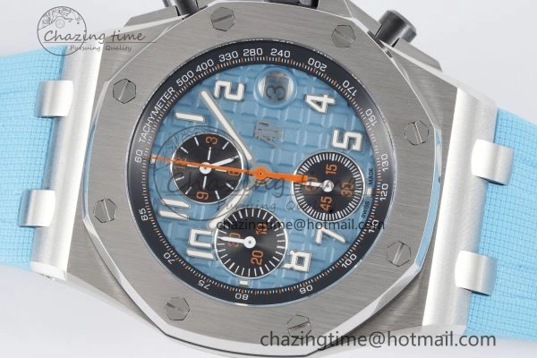 Stylish Royal Oak Offshore 42mm SS APF 1:1 Best Edition Light Blue Dial on Light Blue Rubber Strap A 4625
