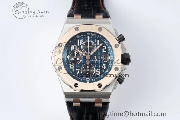 Practical Royal Oak Offshore 42mm SS APF 1:1 Best Edition RG Bezel Blue Dial on Black Leather Strap A 4668
