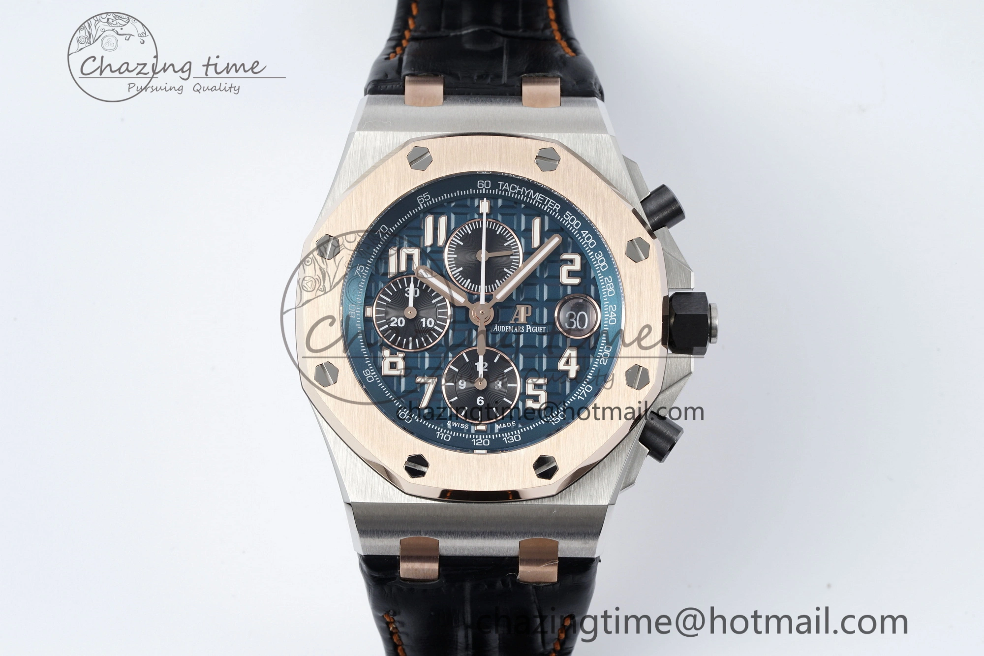 Practical Royal Oak Offshore 42mm SS APF 1:1 Best Edition RG Bezel Blue Dial on Black Leather Strap A 4668