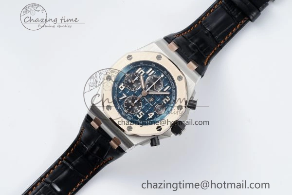 Practical Royal Oak Offshore 42mm SS APF 1:1 Best Edition RG Bezel Blue Dial on Black Leather Strap A 4668
