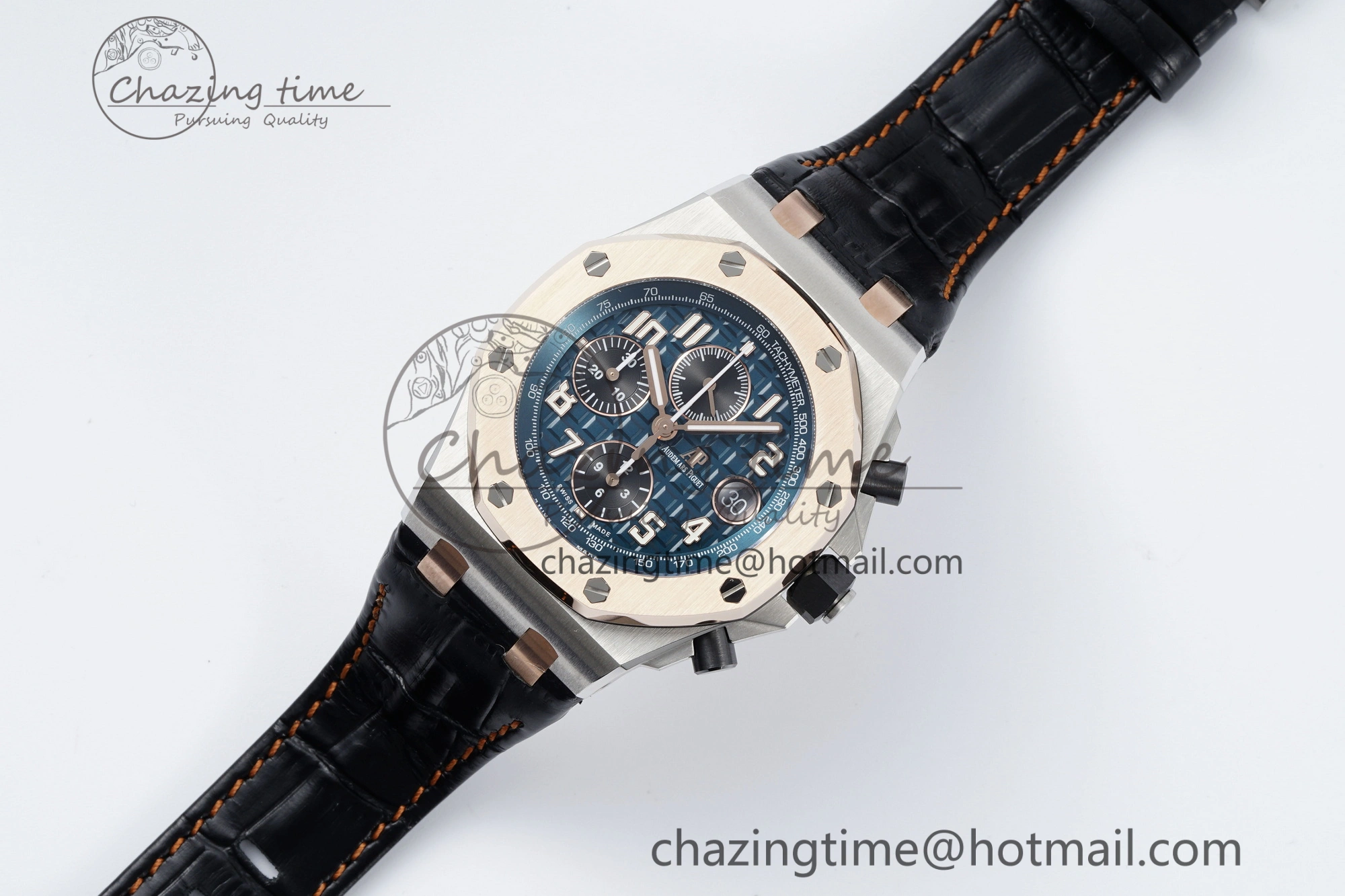 Practical Royal Oak Offshore 42mm SS APF 1:1 Best Edition RG Bezel Blue Dial on Black Leather Strap A 4668