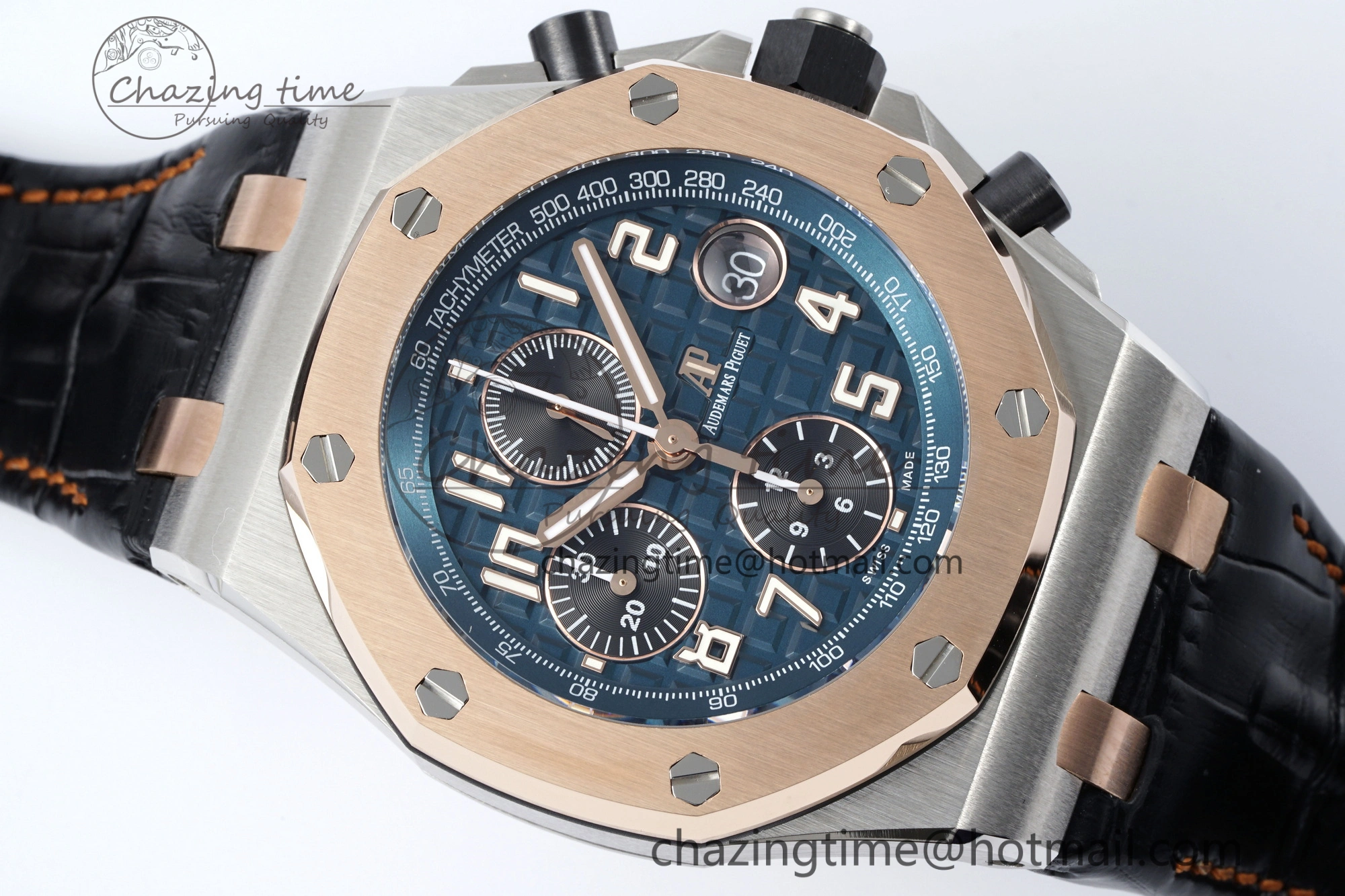 Practical Royal Oak Offshore 42mm SS APF 1:1 Best Edition RG Bezel Blue Dial on Black Leather Strap A 4668